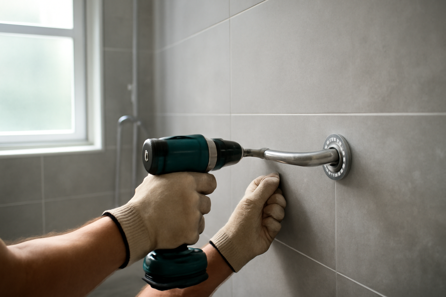 Professional installation of a grab bar in an Arlington, WA bathroom as part of an aging in place upgrade.