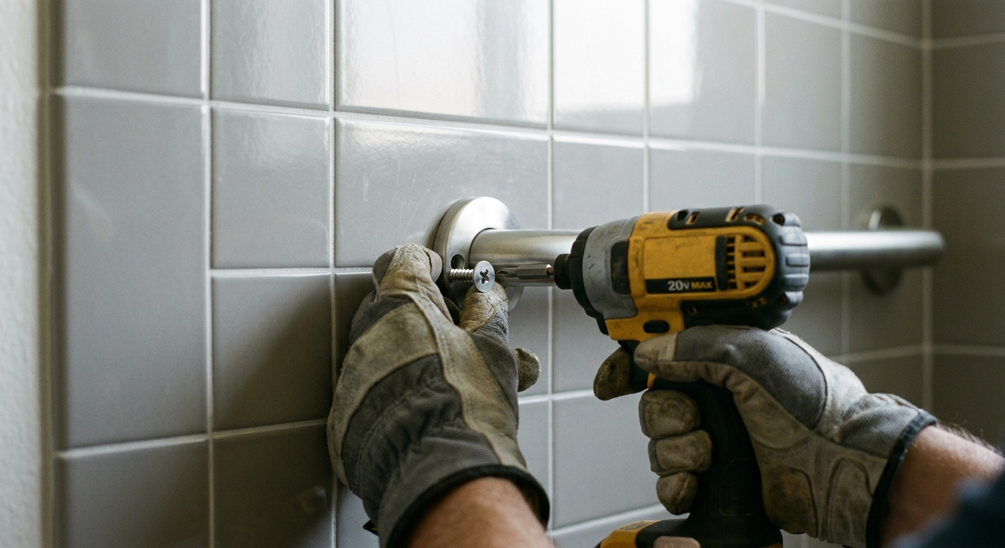 Close-up of a professional installing a secure grab bar in a shower in an Edmonds, WA home.