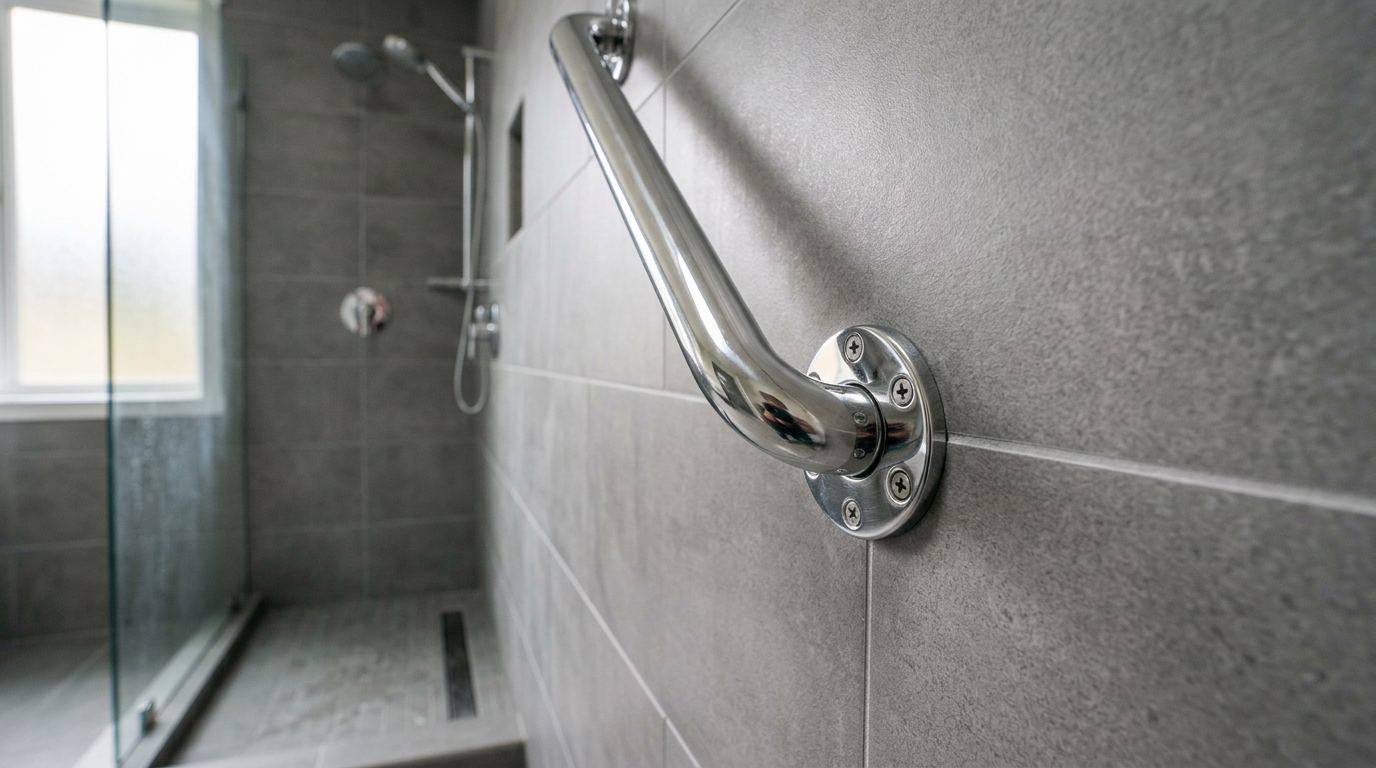 A securely installed grab bar in a modern walk-in shower, part of an aging in place upgrade in an Everett home.