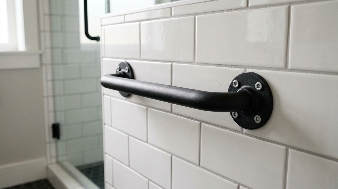A secure grab bar installed in a walk-in shower as part of an aging in place upgrade in an Everett home.