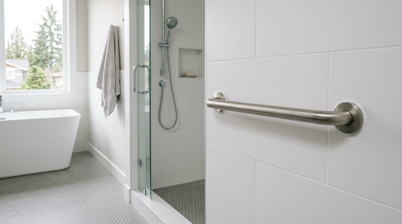 A professionally installed brushed-nickel grab bar in a walk-in shower in a Magnolia, WA home, an essential aging-in-place upgrade.