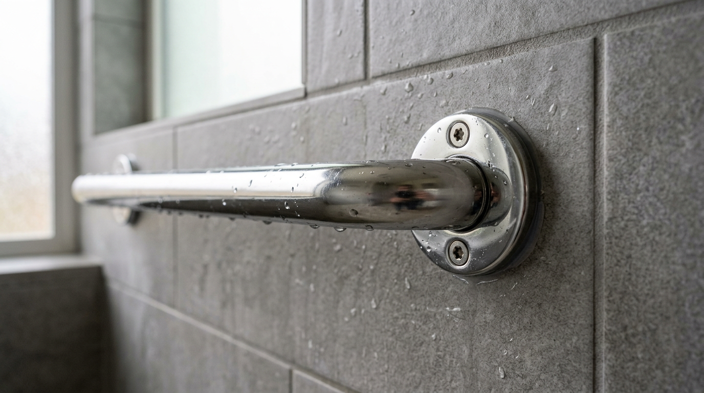 A securely installed chrome grab bar in a modern walk-in shower, part of an aging in place upgrade in a Magnolia, WA home.