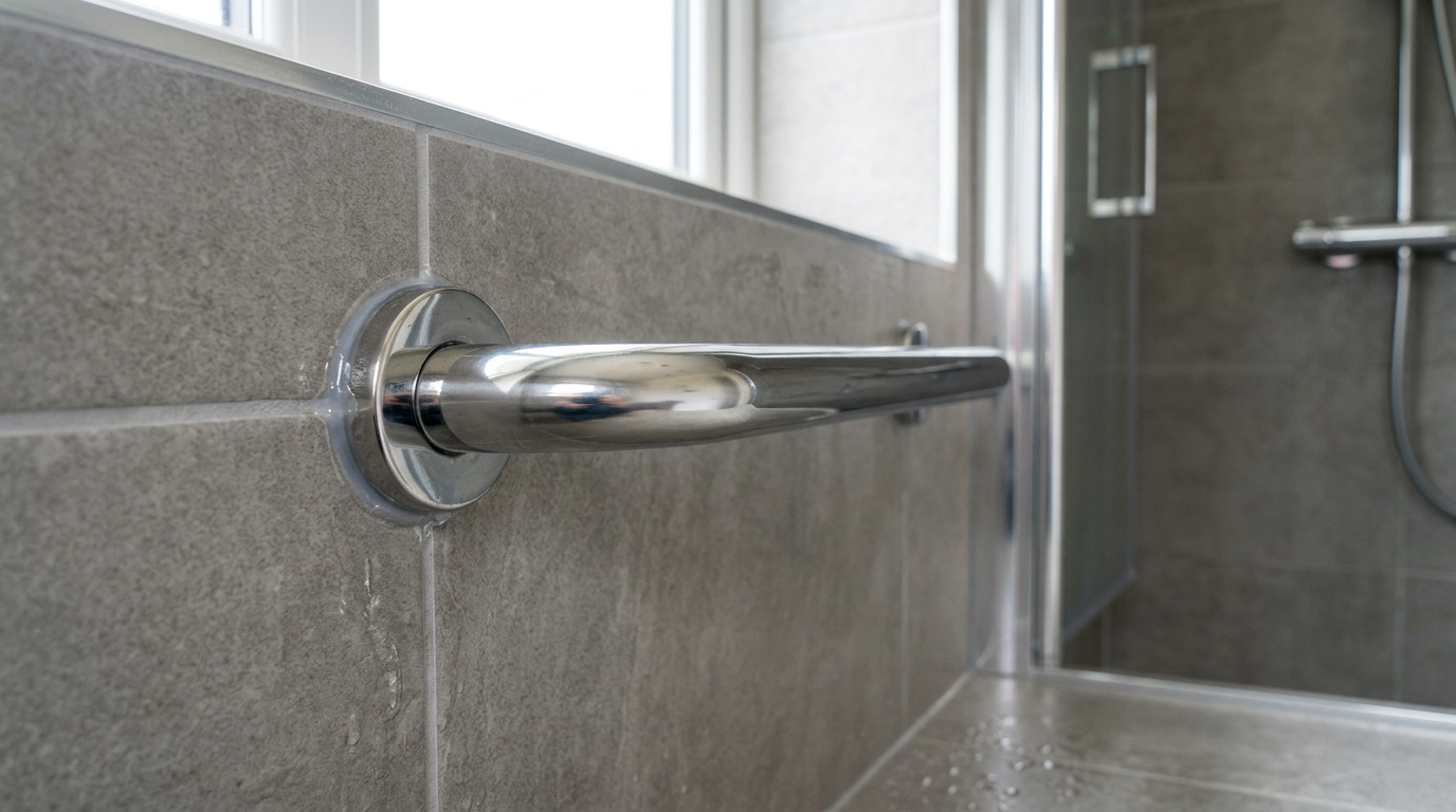 A properly installed chrome grab bar on a shower wall in a Mill Creek home, an key part of aging in place upgrades.