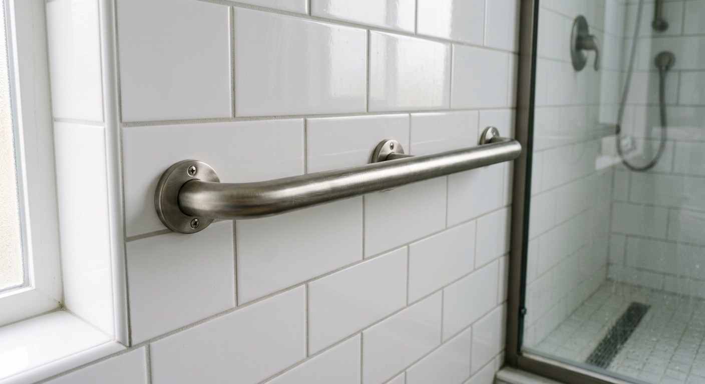 Brushed nickel grab bar installed for aging in place safety in a Mill Creek home's shower.