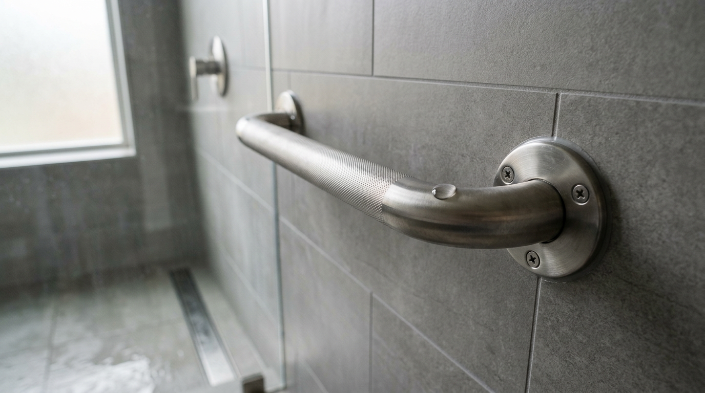 A close-up of a stainless steel grab bar correctly installed on the tile wall of a walk-in shower in a Newcastle, WA home.
