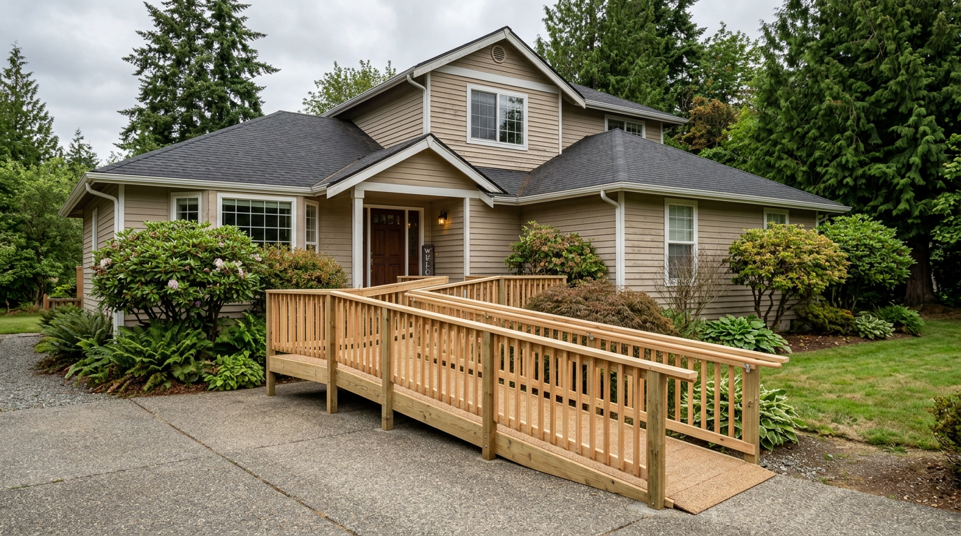 A new, professionally built wooden accessibility ramp on a home in Snohomish, WA, for aging in place.