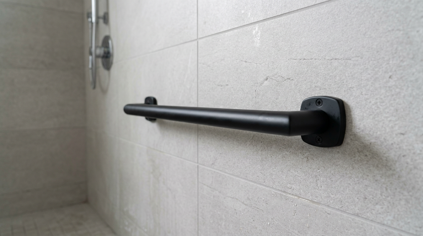 A close-up of a stylish, properly installed grab bar in a modern walk-in shower, an example of aging in place upgrades in a Snohomish home.