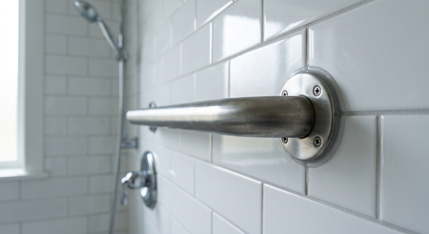 A securely installed stainless steel grab bar in a tiled shower as part of an aging in place upgrade in an Edmonds, WA home.