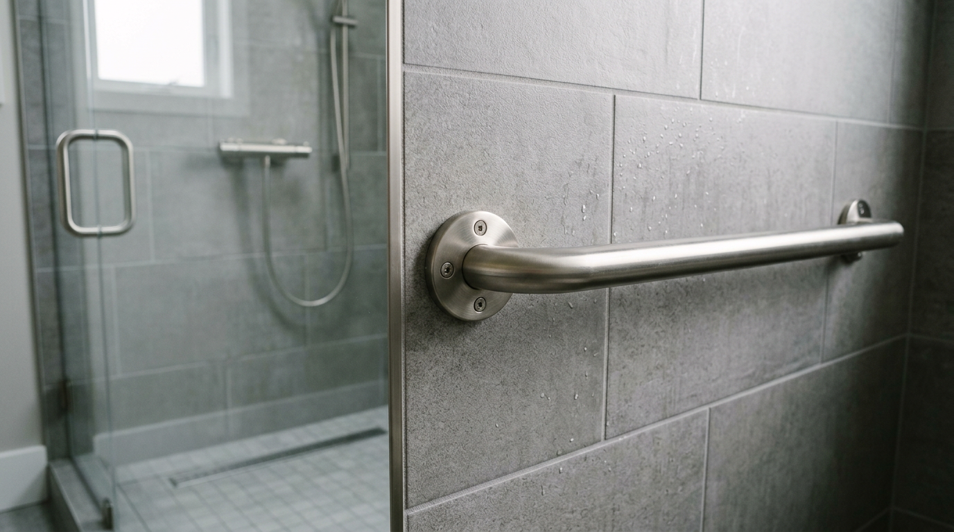 A securely mounted grab bar in a walk-in shower, part of an aging in place upgrade in an Edmonds home.