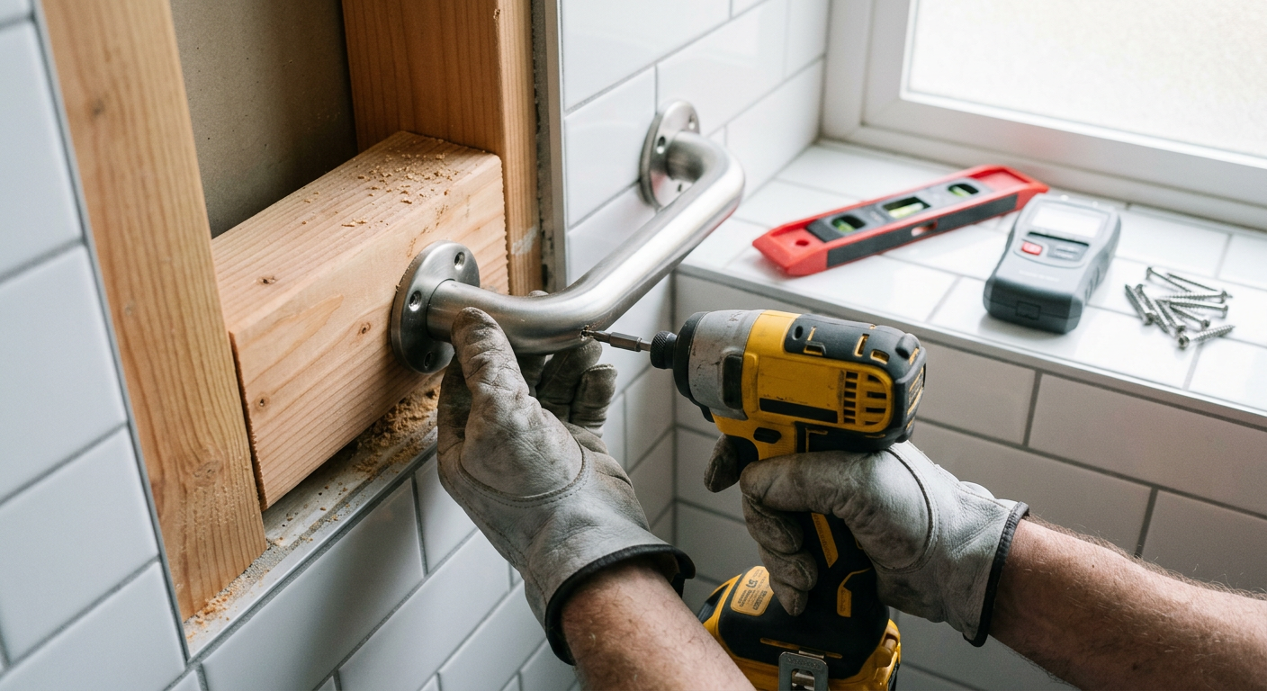 Carpenter installing a heavy duty grab bar with structural screws during aging in place upgrades in an Everett home
