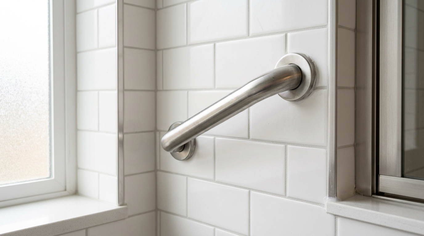 A securely installed chrome grab bar on a white tile shower wall, an example of aging in place upgrades in Everett, WA.