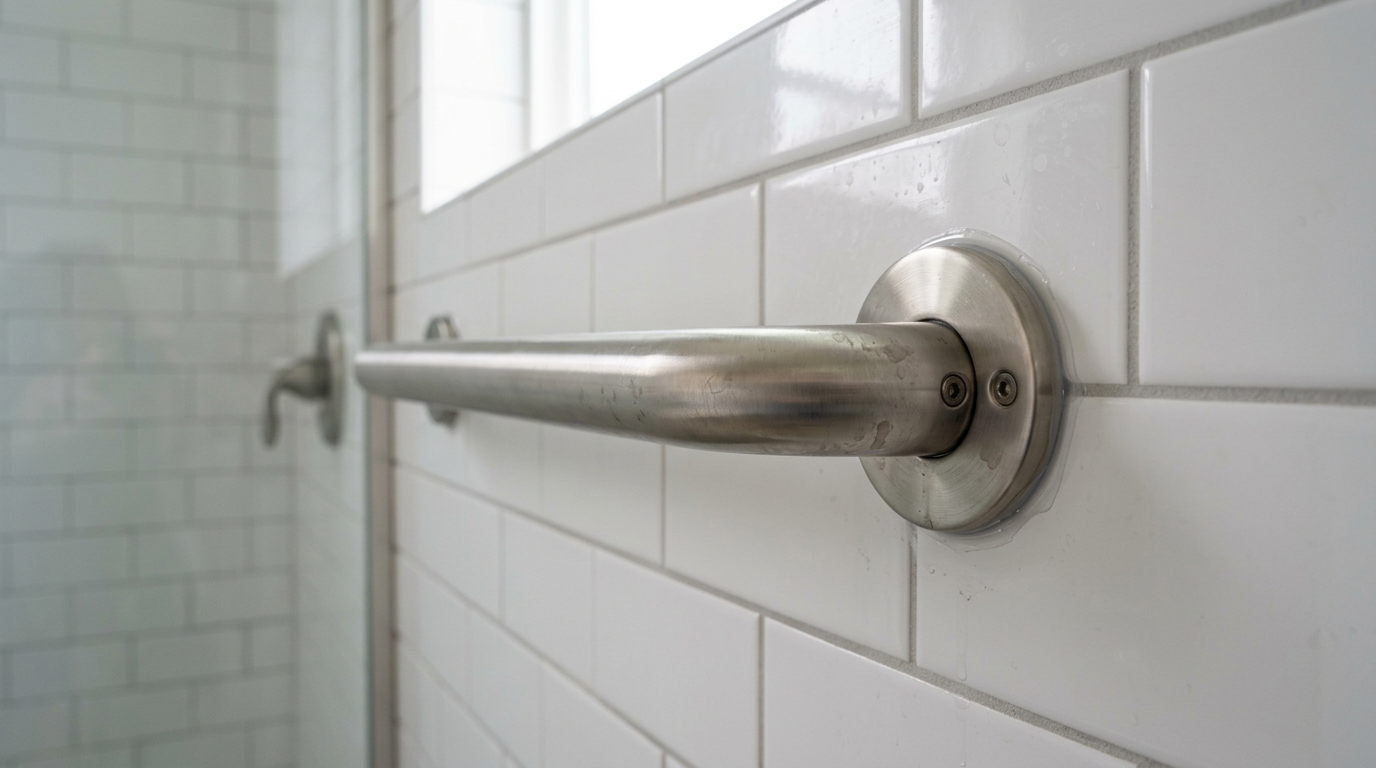 A secure, newly installed grab bar on a tiled shower wall, part of an aging in place upgrade in an Everett home.