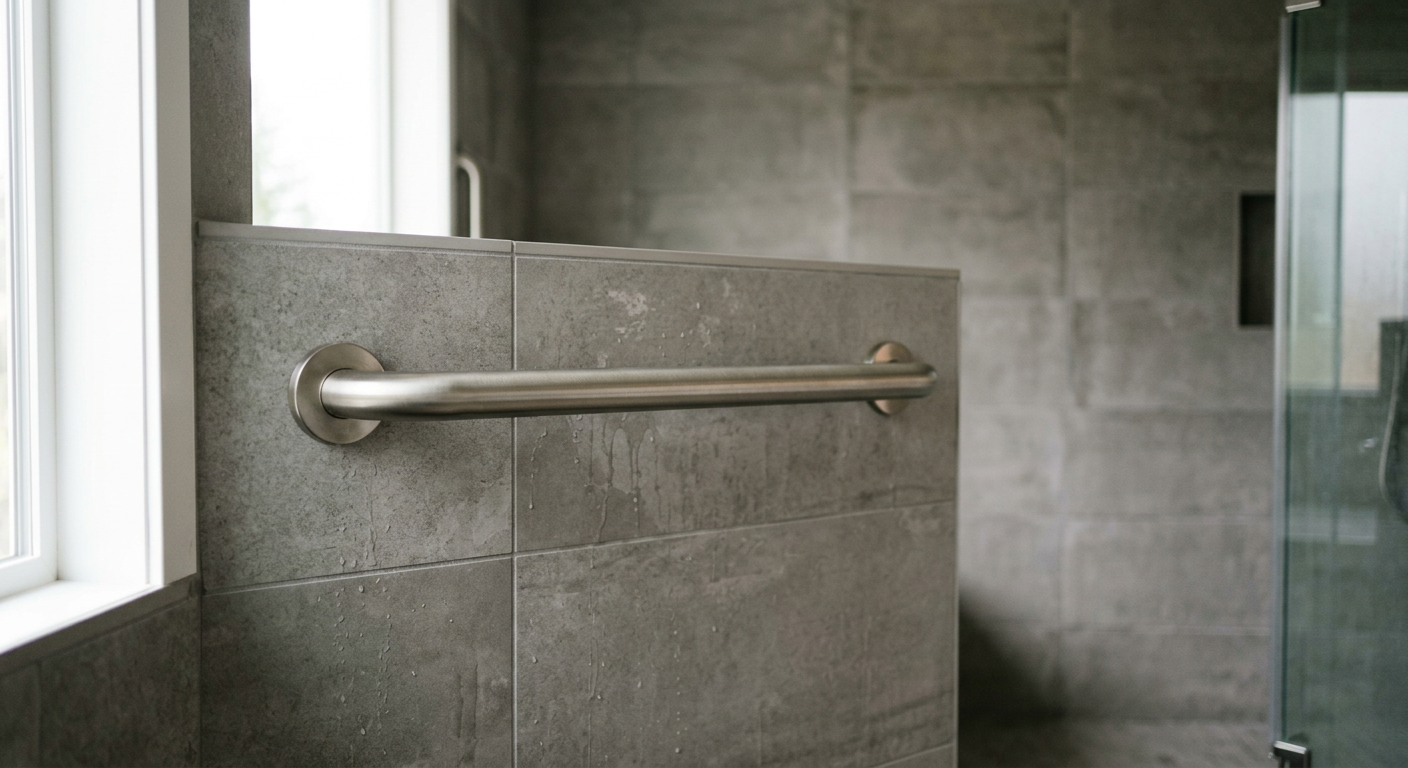 A stylish, modern grab bar installed in a luxury walk-in shower as part of an aging in place upgrade in a Hunts Point home.