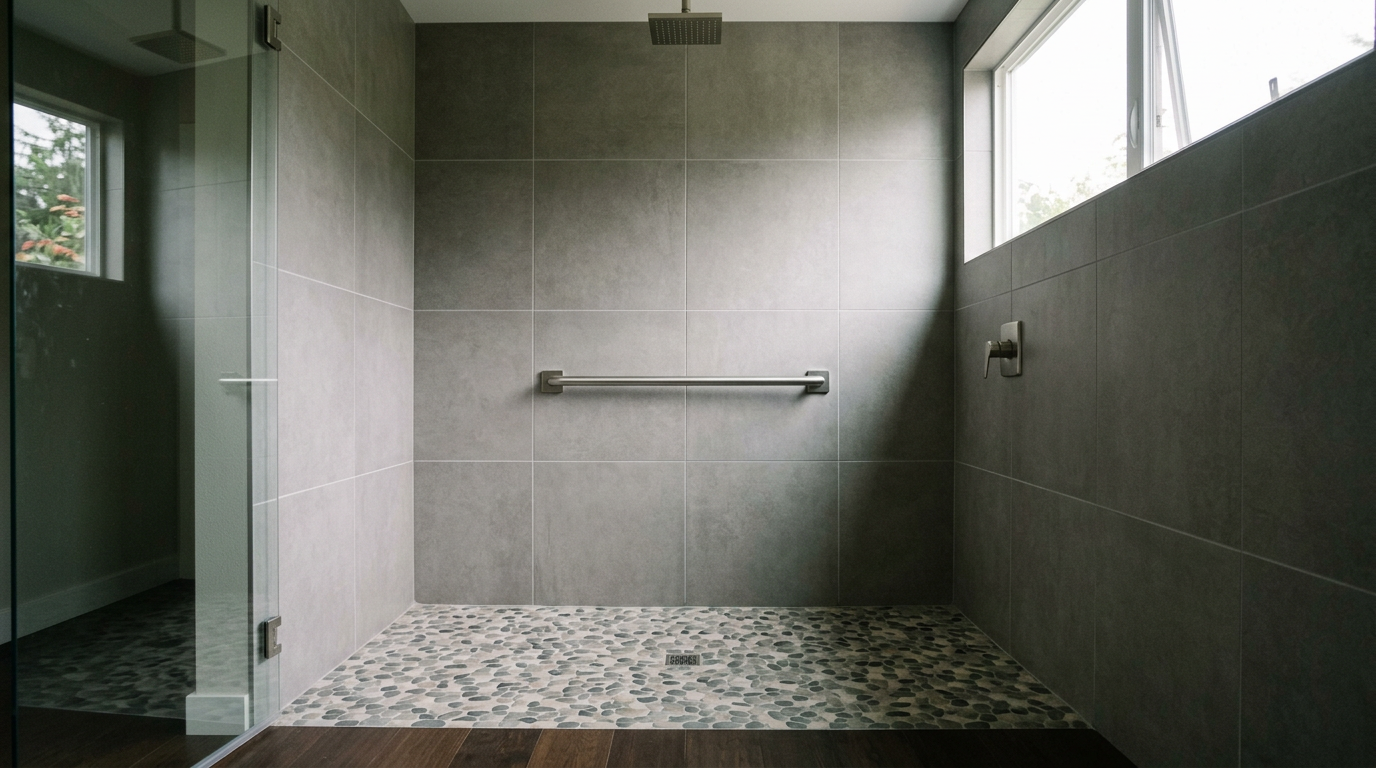 A modern, accessible walk-in shower with a grab bar, an example of aging in place upgrades in Hunts Point, WA.