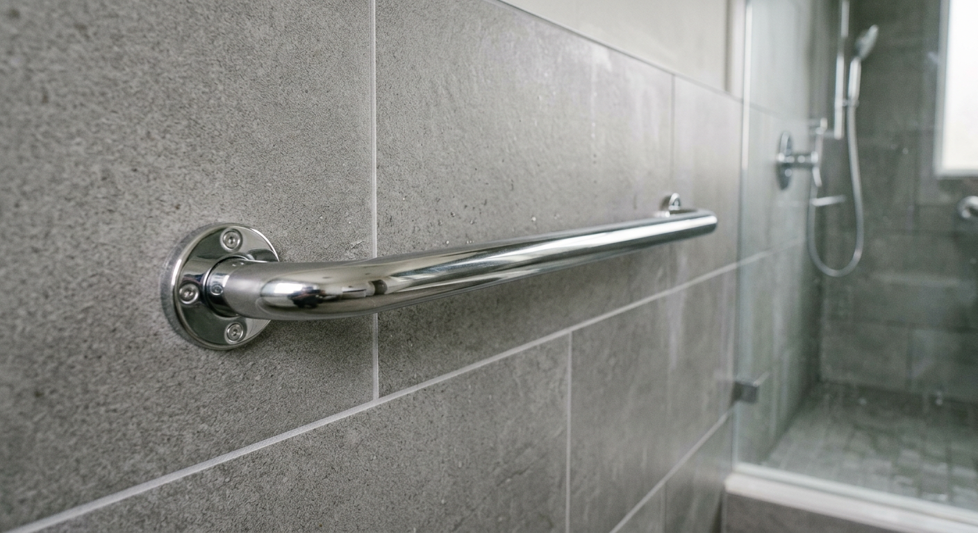 A stylish chrome grab bar professionally installed in a modern walk-in shower in a Hunts Point home, part of an aging in place upgrade.
