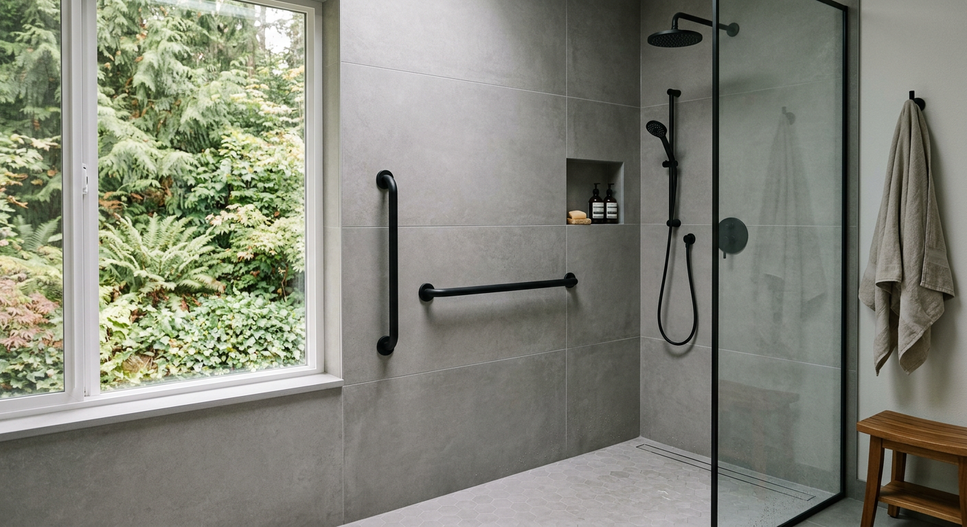 A stylish matte black grab bar installed in a modern walk-in shower in a Hunts Point, WA home.