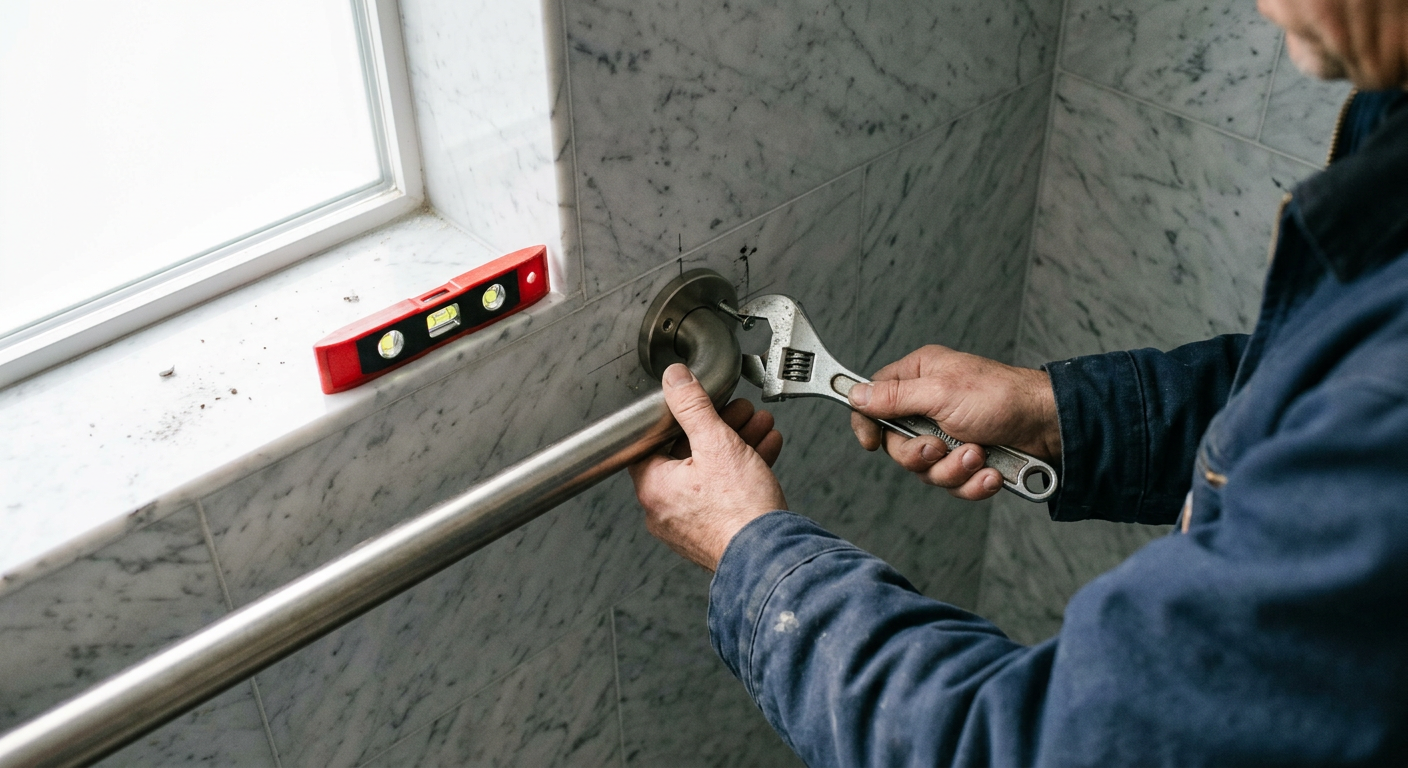 Professional installation of a brushed nickel grab bar on marble bathroom tile for aging in place upgrades in Hunts Point