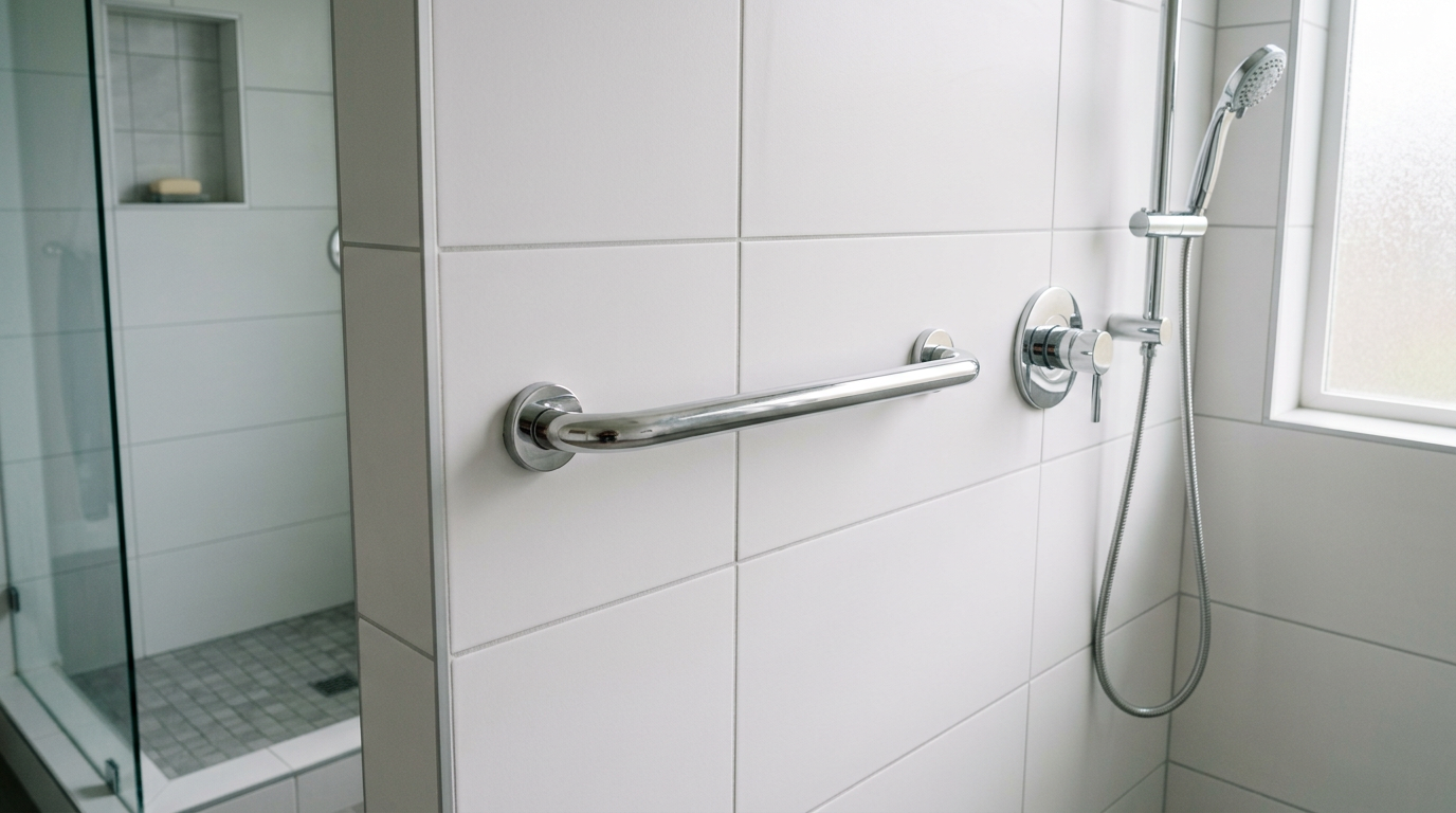 A professionally installed chrome grab bar in a tiled shower, an example of aging in place upgrades in Magnolia.