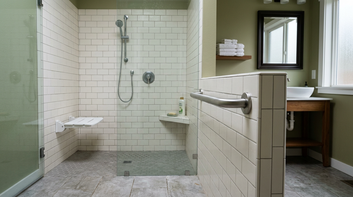 A professionally installed chrome grab bar in an accessible walk-in shower in a Magnolia home.