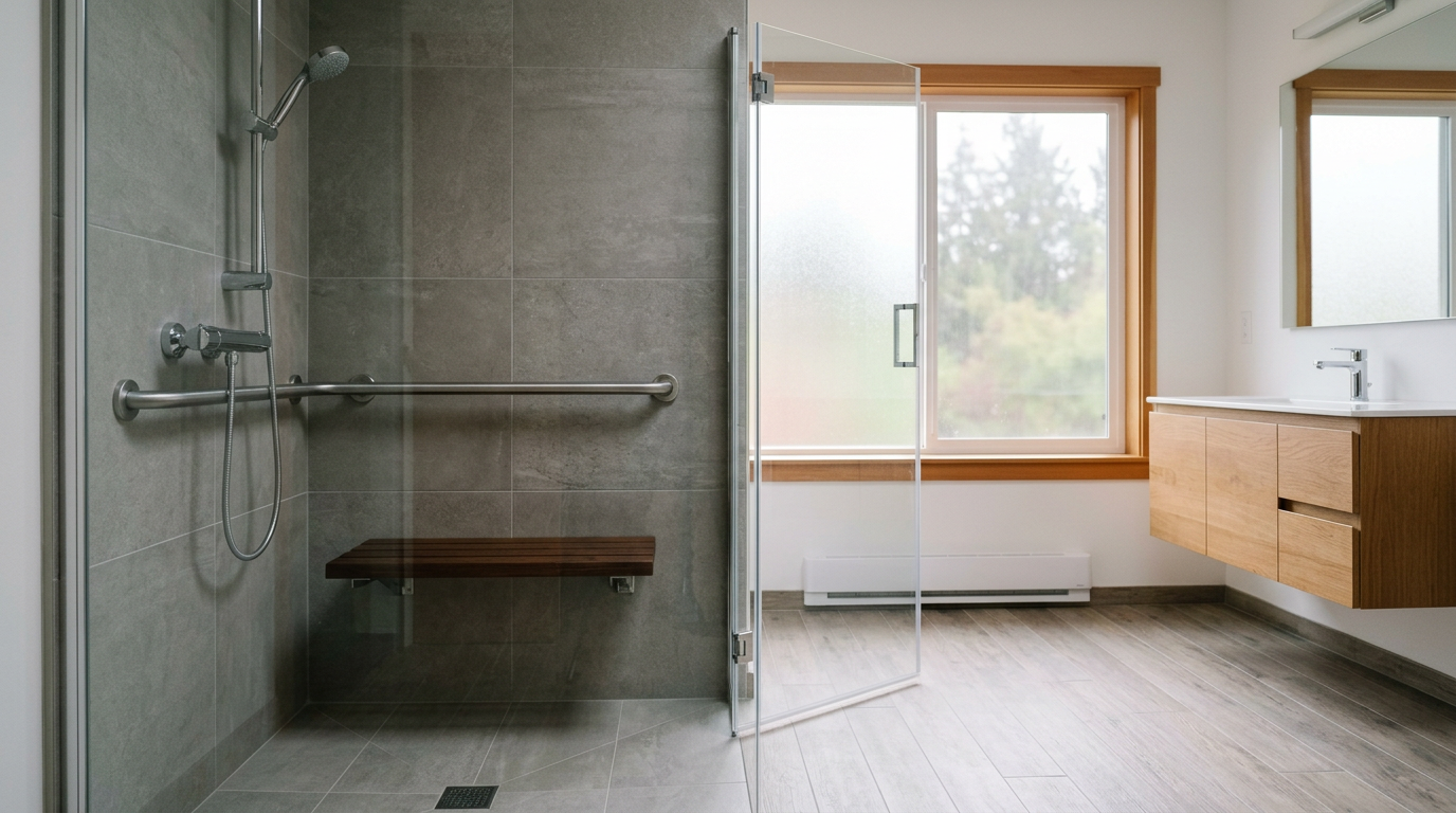 A clean, modern walk-in shower with a chrome grab bar, part of an aging in place upgrade in a Mill Creek home.