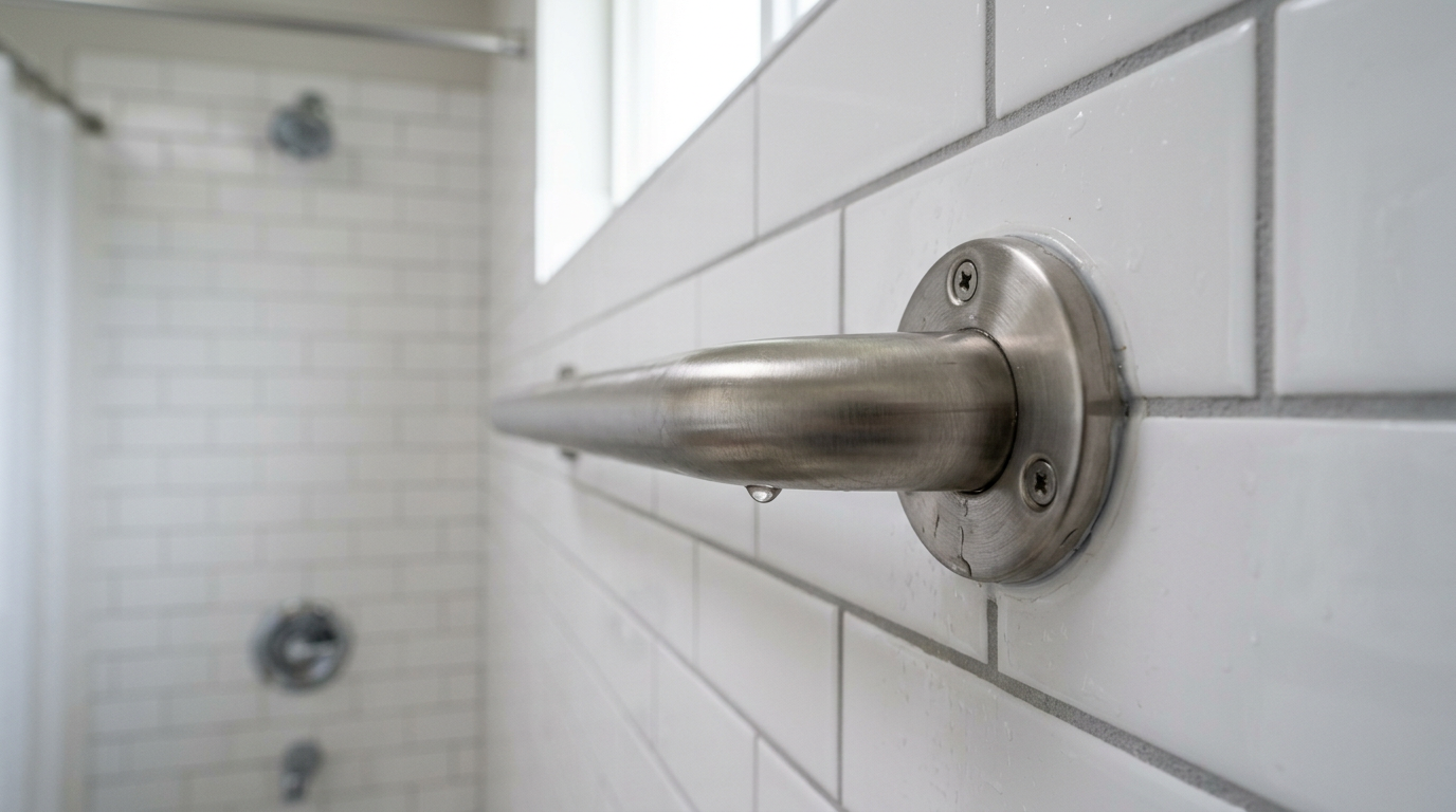 A secure, modern grab bar installed on a shower wall, a key aging in place upgrade for a Mill Creek home.