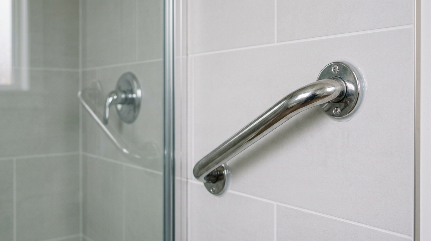 A securely installed chrome grab bar on a gray tile shower wall, an example of aging in place upgrades in a Mill Creek home.