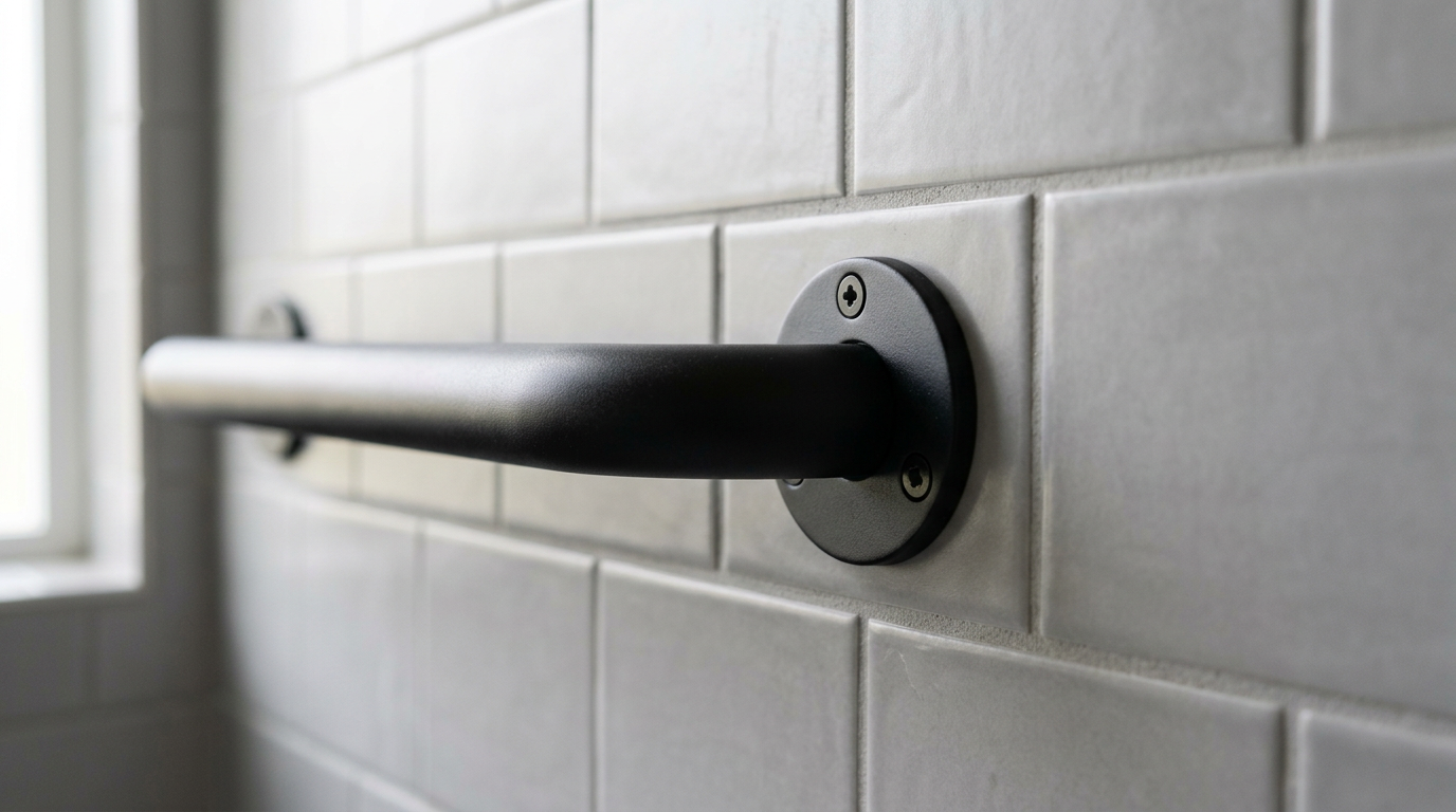 A close-up of a securely installed black grab bar in a modern Newcastle bathroom, an example of aging in place upgrades.