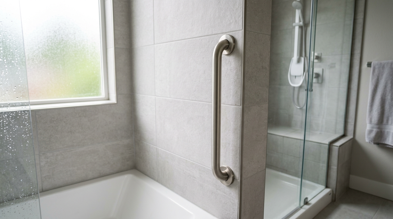 A professionally installed brushed nickel grab bar on a tiled shower wall in a Newcastle, WA home, an example of aging in place upgrades.