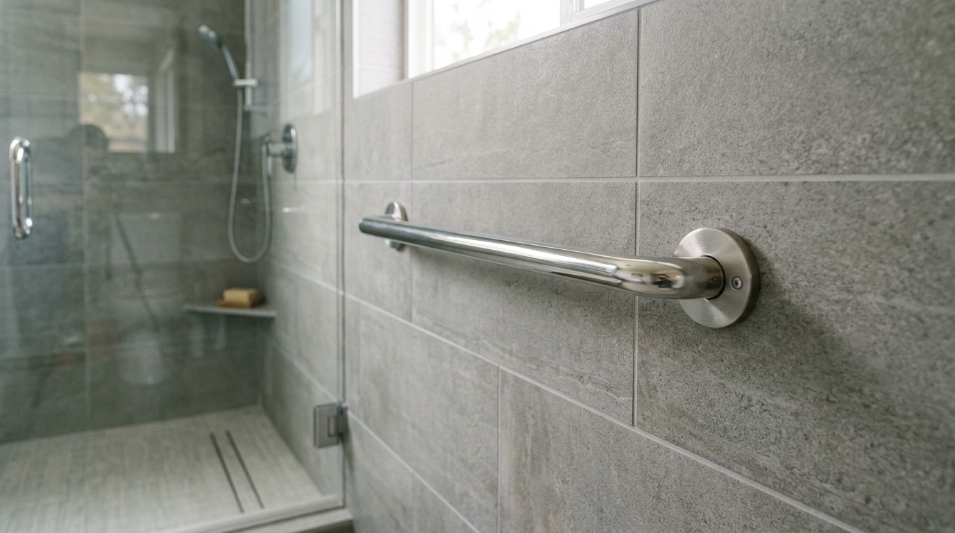 A modern, securely mounted grab bar in a tiled walk-in shower, an example of aging in place upgrades in Newcastle, WA.