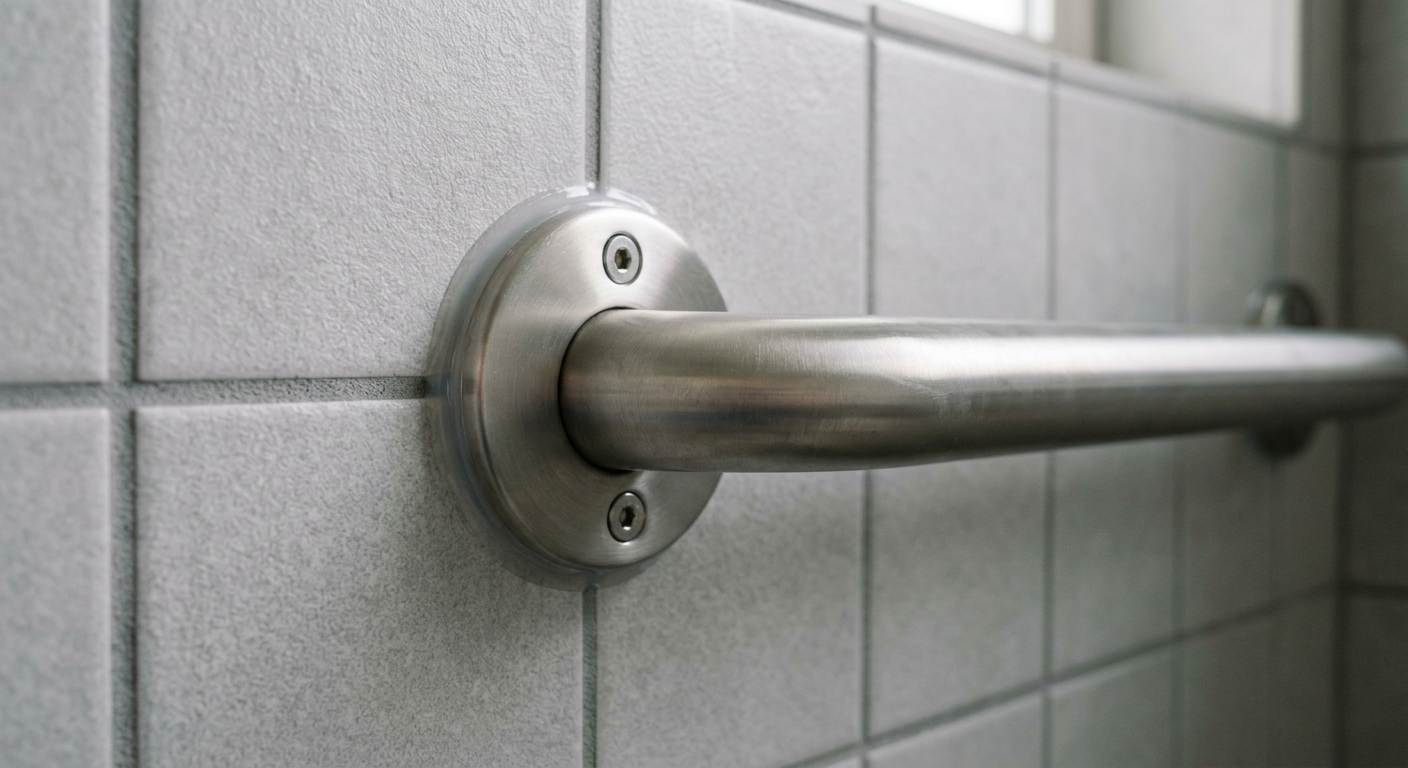 A close-up of a securely installed stainless steel grab bar in a modern, accessible shower in a Newcastle home.