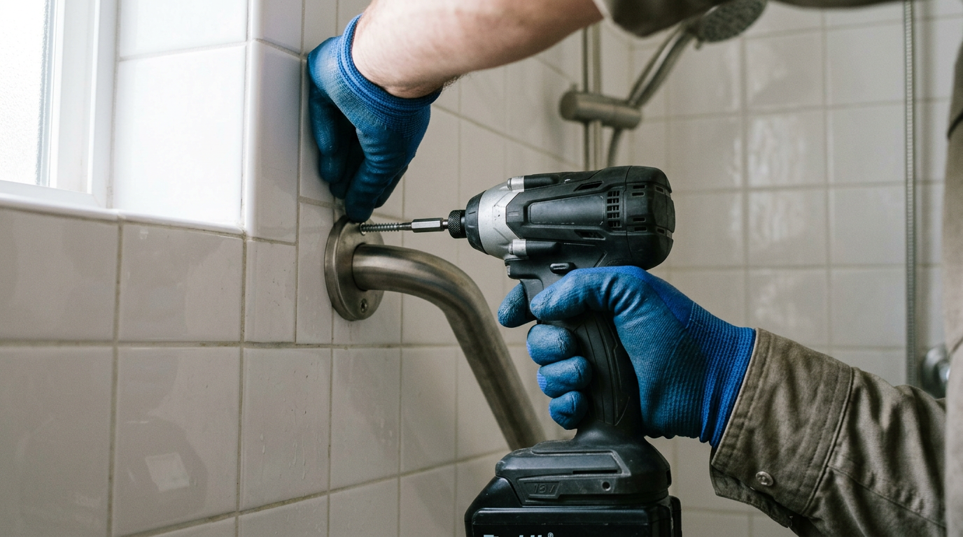 Contractor installing a steel grab bar in a shower for aging in place safety in a Snohomish, WA home.
