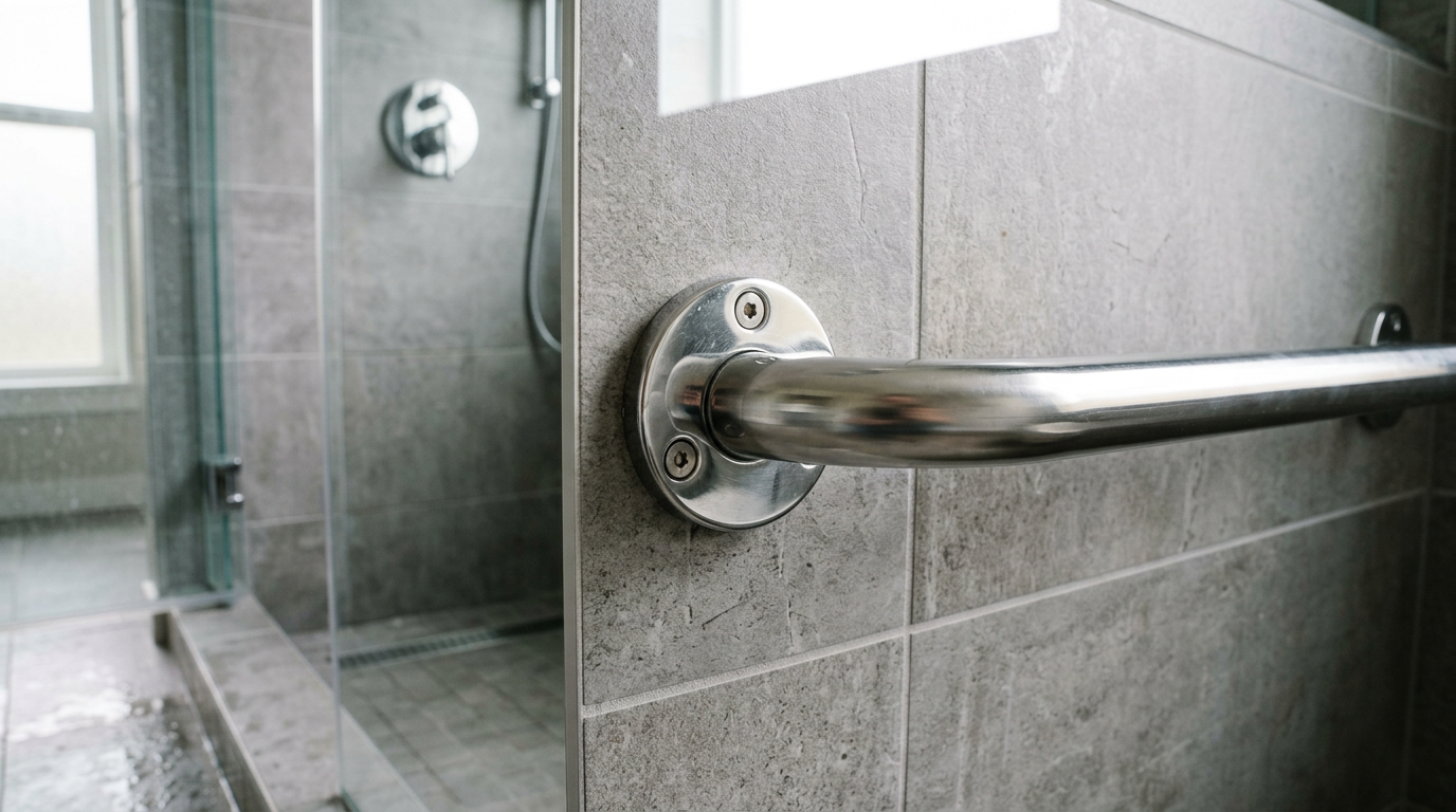 A securely installed chrome grab bar in a tiled shower, an example of aging in place upgrades in Snohomish.