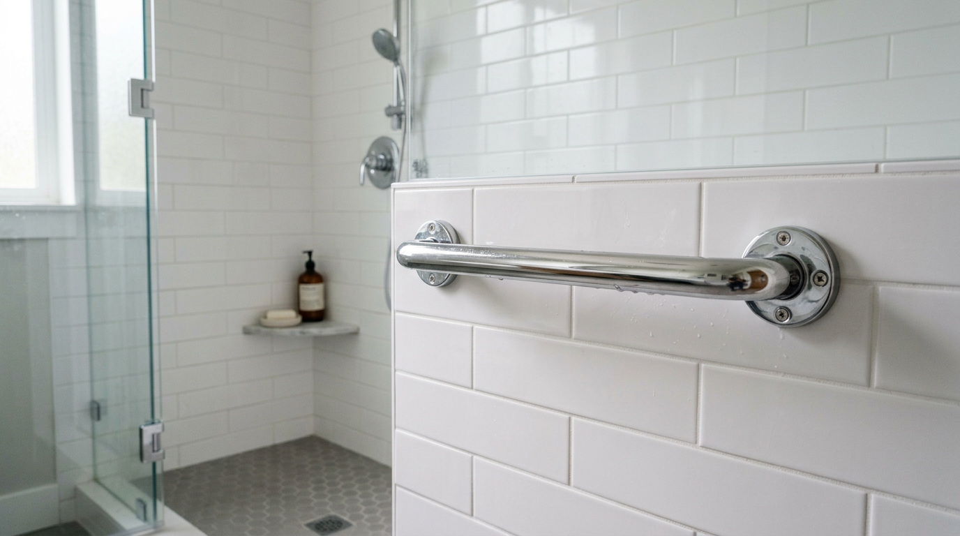 A chrome grab bar properly installed on a tiled shower wall for aging in place safety in a Snohomish home.