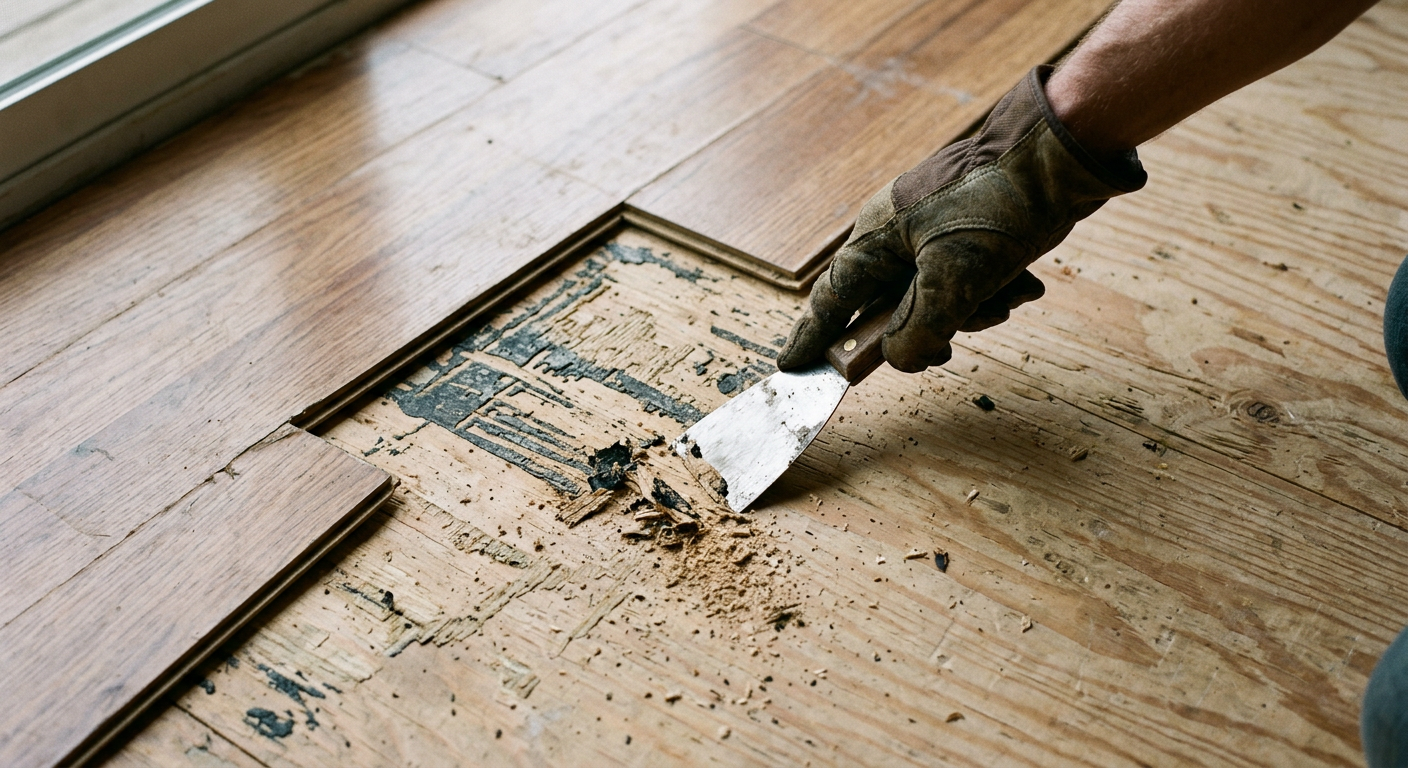 A close-up of a flooring repair in progress in an Arlington, WA home, showing the subfloor ready for a new plank.