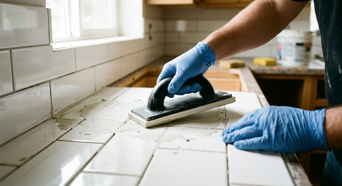 Close-up of professional tile and grout repair being performed in an Arlington, WA home.