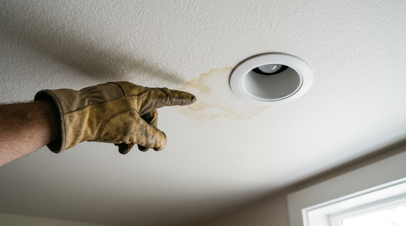 A subtle water stain on a ceiling, a common reason for a leak investigation in an Arlington, WA home.