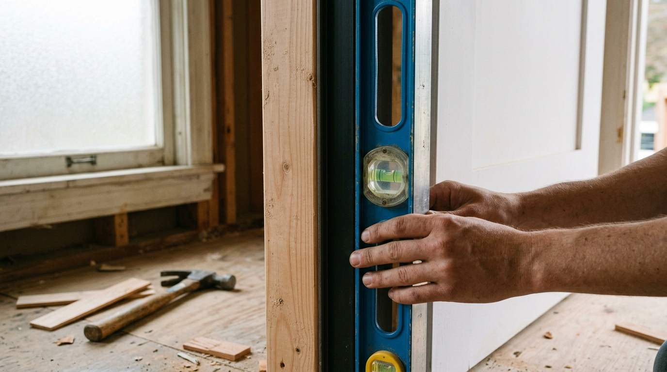 A level showing a perfectly plumb new door installation in a Ballard, WA home.