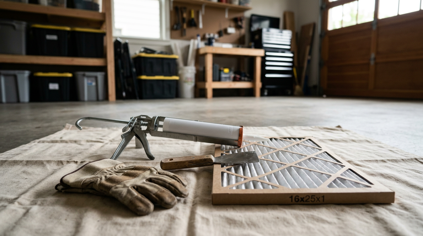A set of home maintenance program tools including a caulk gun and air filter in a Ballard, WA garage.