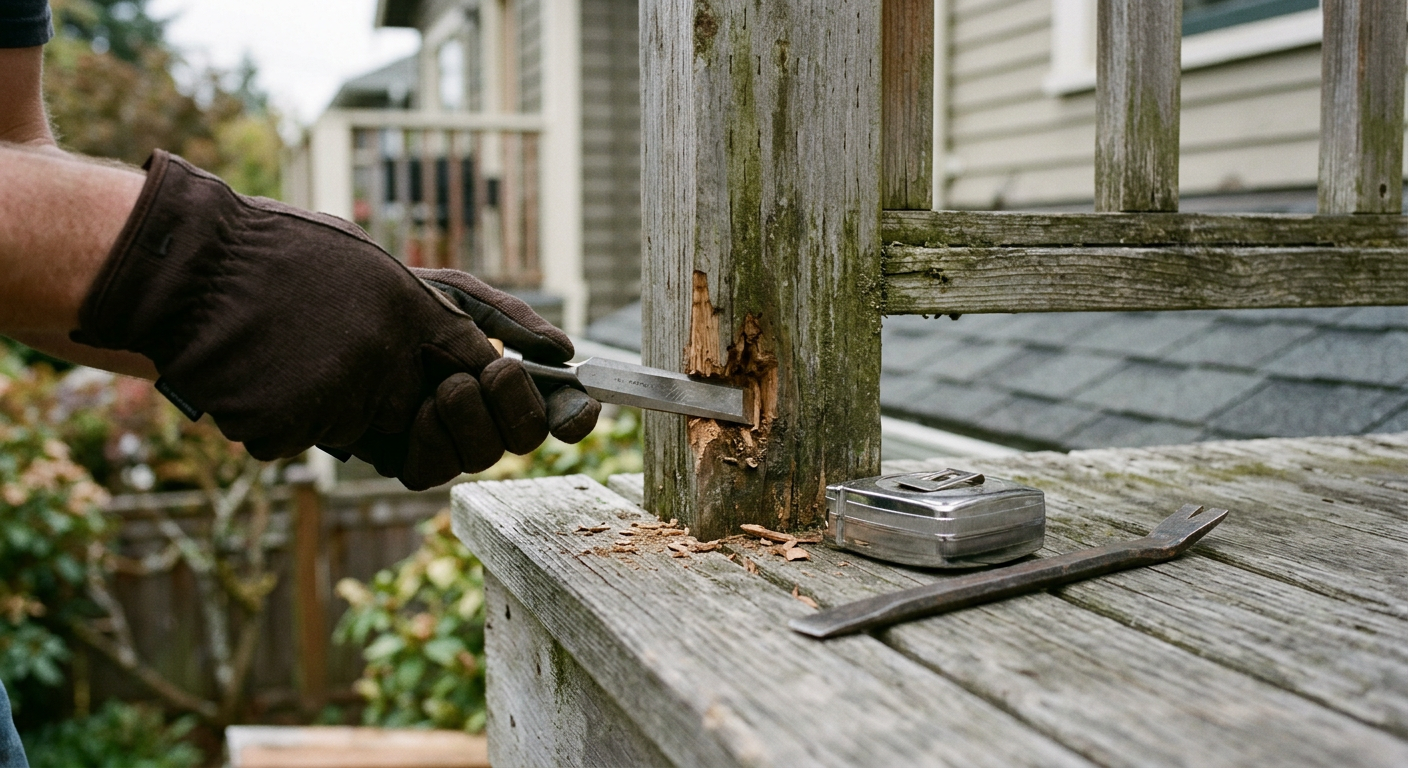 Checking a deck post for rot as part of a home maintenance program in Ballard.