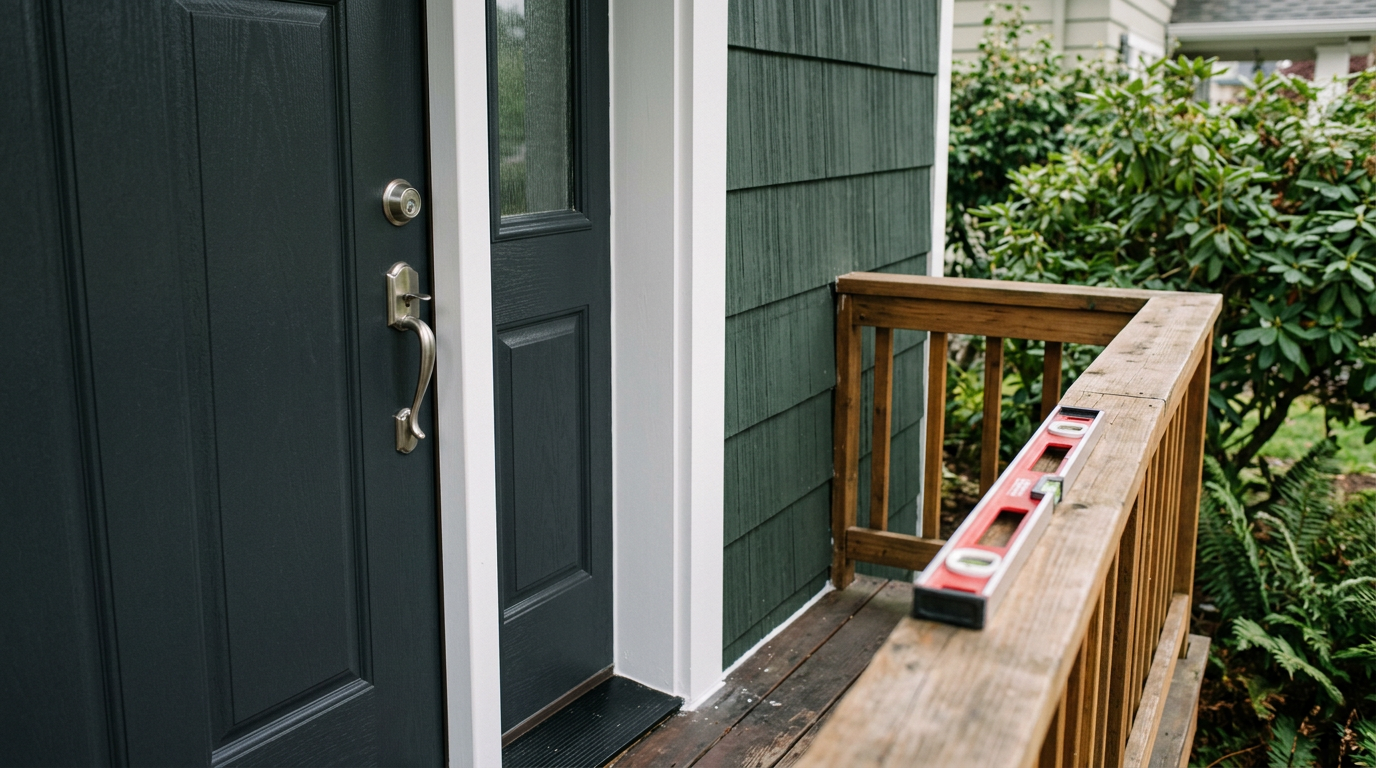 A newly installed front door on a home in Ballard, WA, with fresh white trim and perfect caulking, ready for the rainy season.