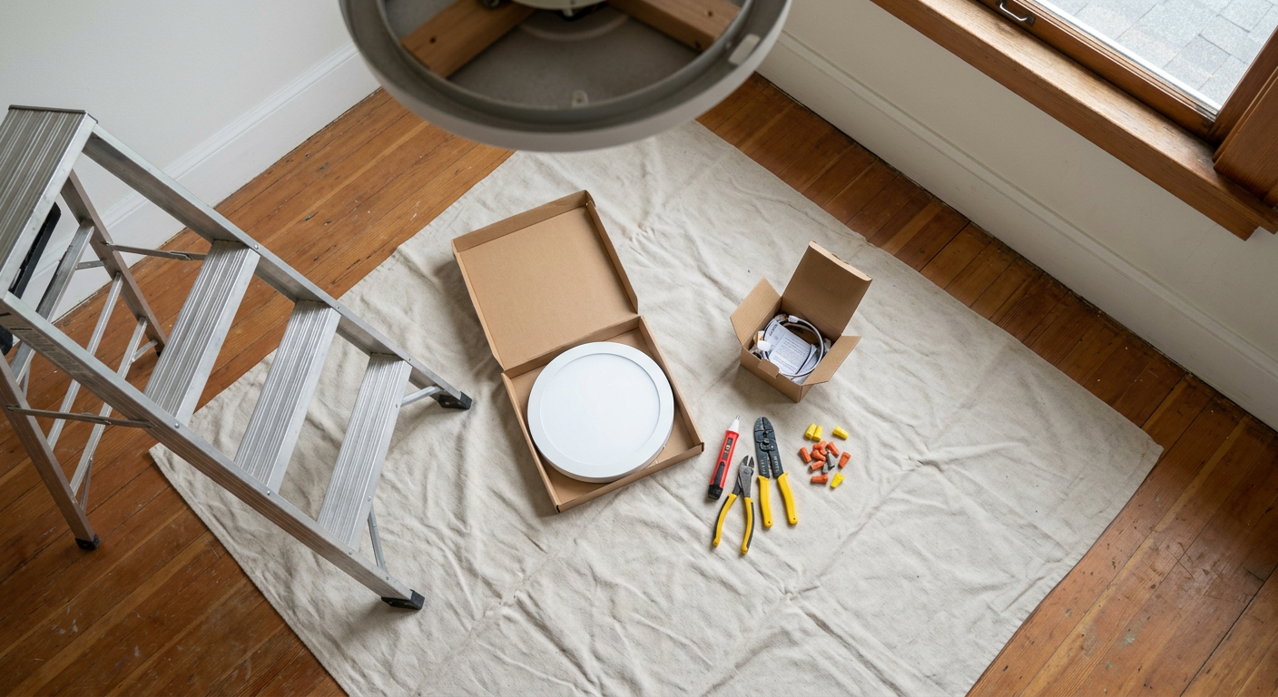 Tools and a new fixture ready for a lighting fixture install in a Ballard, WA home.