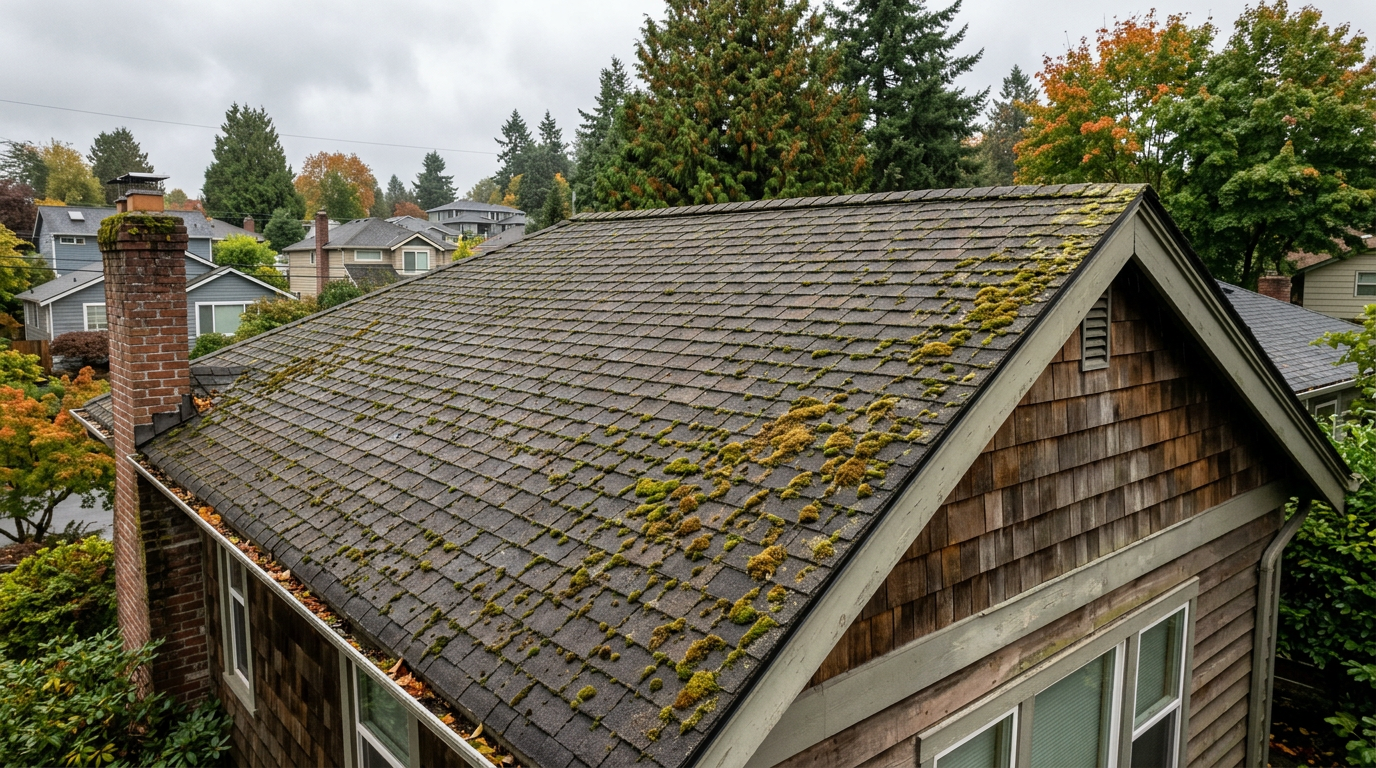 Moss growing on the composition shingles of a roof in Ballard, WA, needing a roof assessment.
