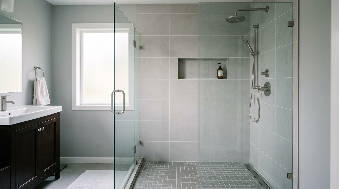 A completed tub-to-shower conversion in a modern Bothell, WA bathroom.