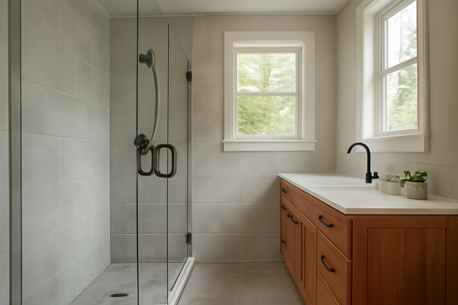 A modern, newly remodeled bathroom in a Bothell, WA home featuring a walk-in shower.