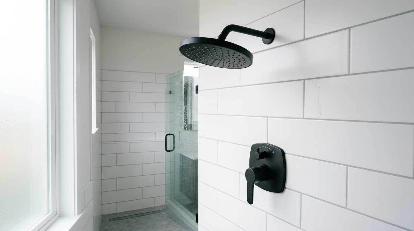 Close-up of a modern matte black shower fixture in a newly remodeled bathroom in Bothell, WA.