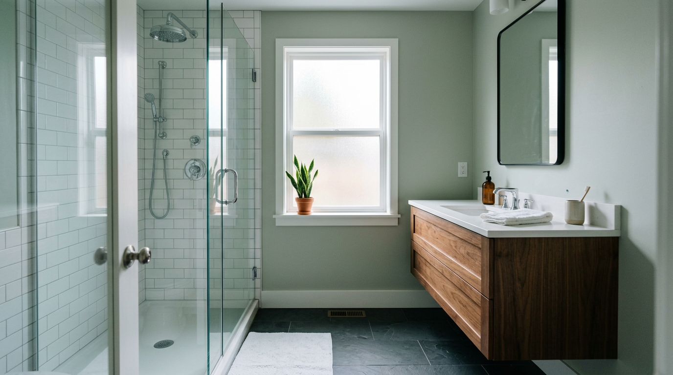 A beautifully completed bathroom remodel in a Bothell home, featuring a walk-in shower and new vanity.