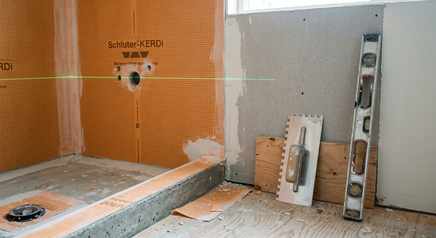 Waterproofing membrane being installed on a shower wall during a bathroom remodel in Lake Forest Park, WA.