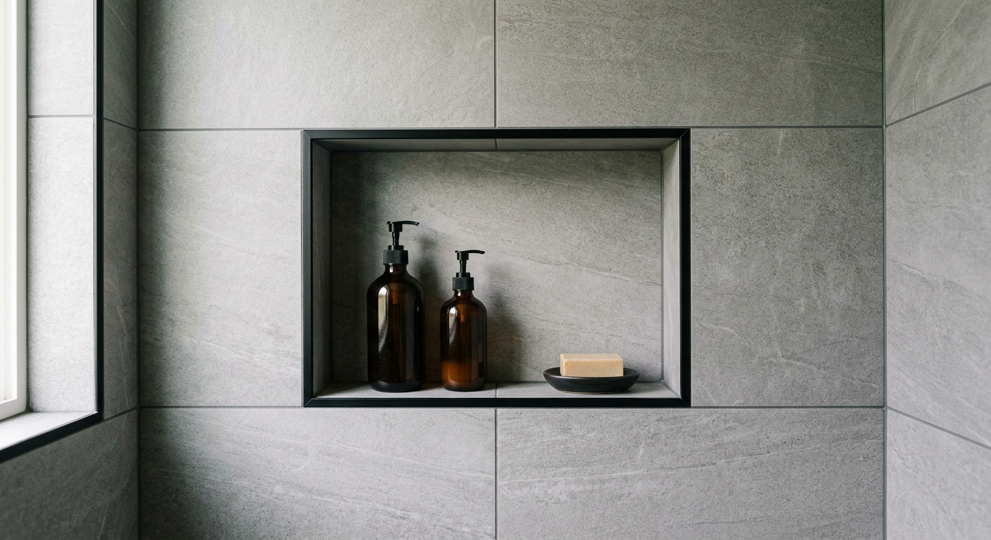 Close-up of a expertly tiled shower niche in a new bathroom remodel in Marysville, WA.
