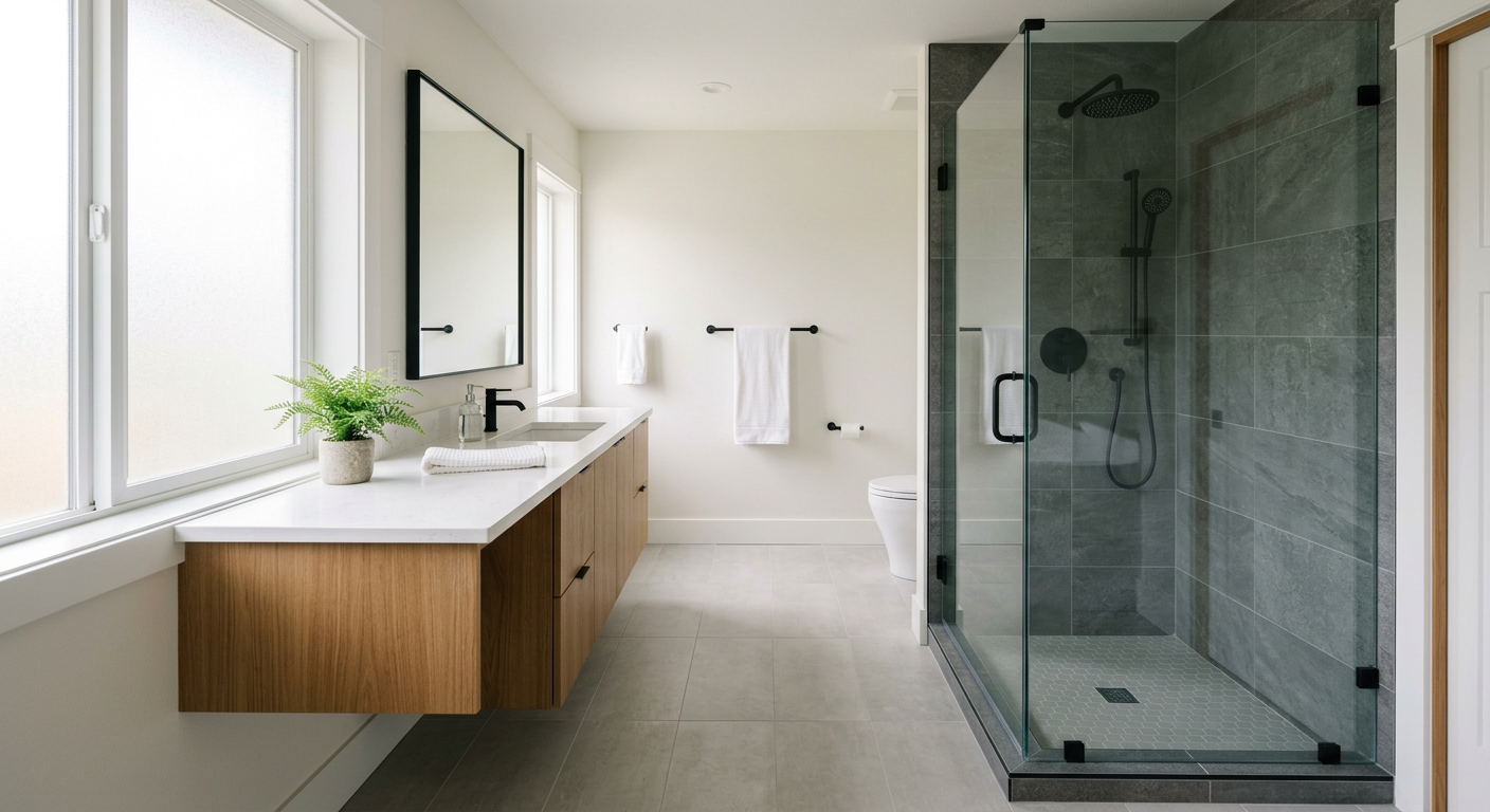 A newly completed modern bathroom remodel in a Marysville, Washington home.