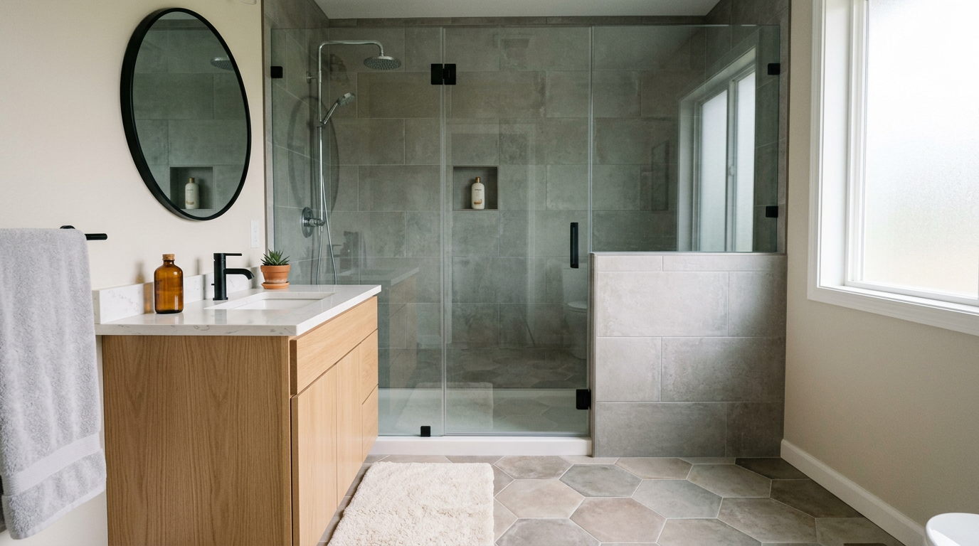 A newly remodeled modern bathroom with a walk-in shower in a Mountlake Terrace home.